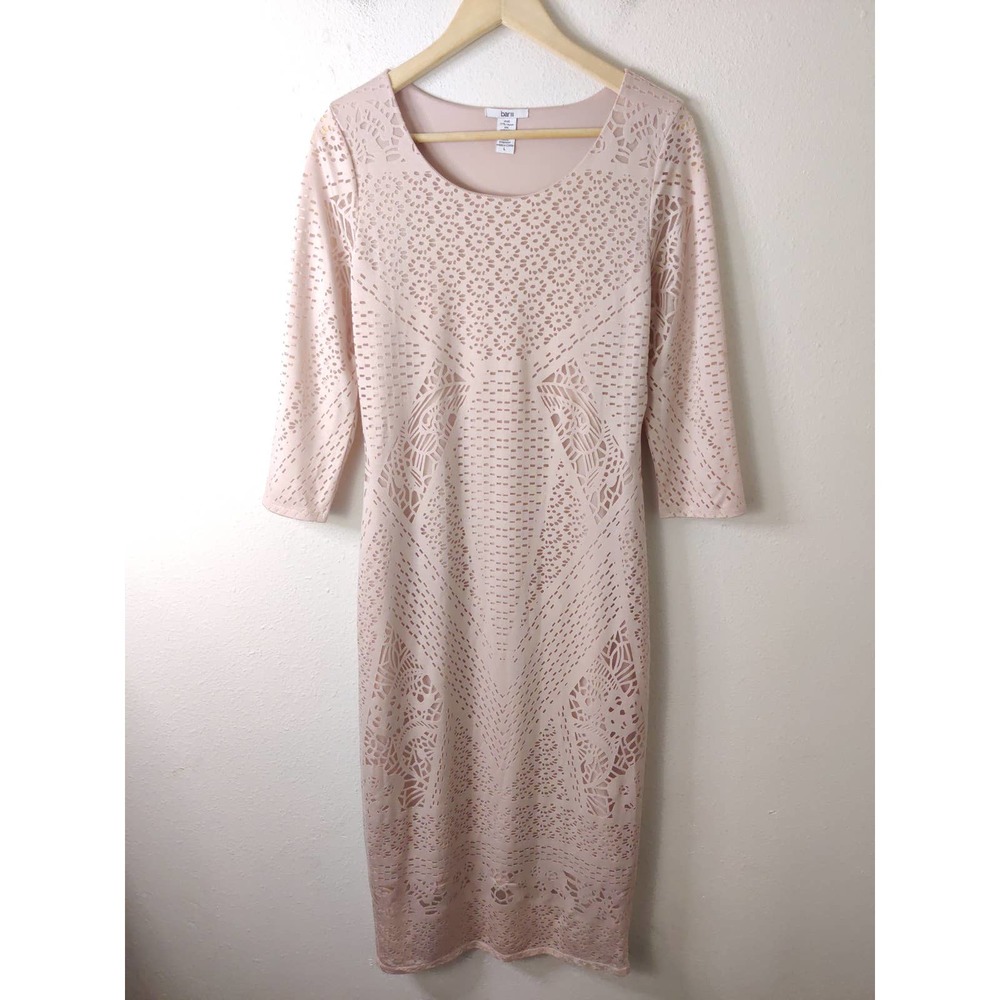 Bar III Light Blush Pink Lace Overlay 3/4 Sleeve Midi Sheath Dress Size L